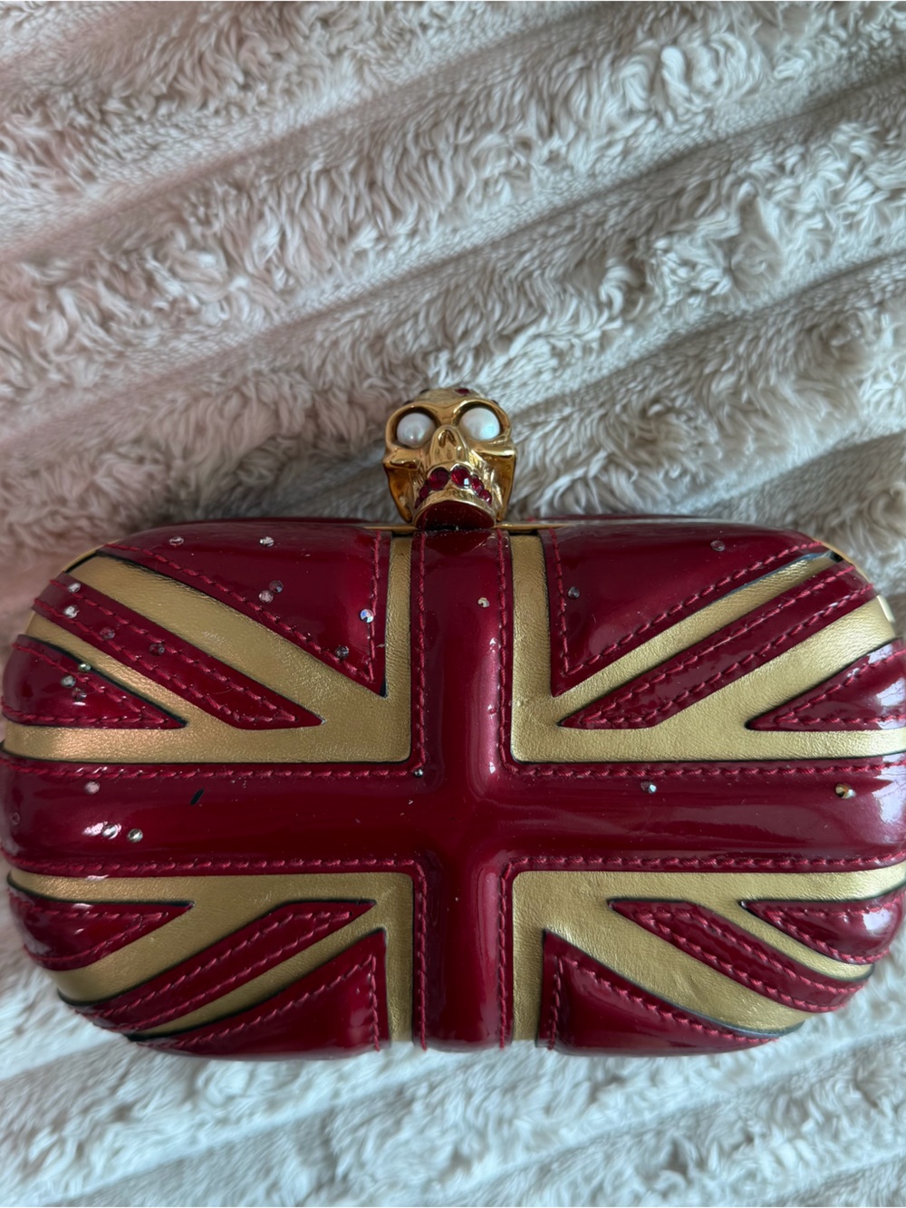 Alexander McQueen Red & Gold Union Jack Skull Minaudière Clutch